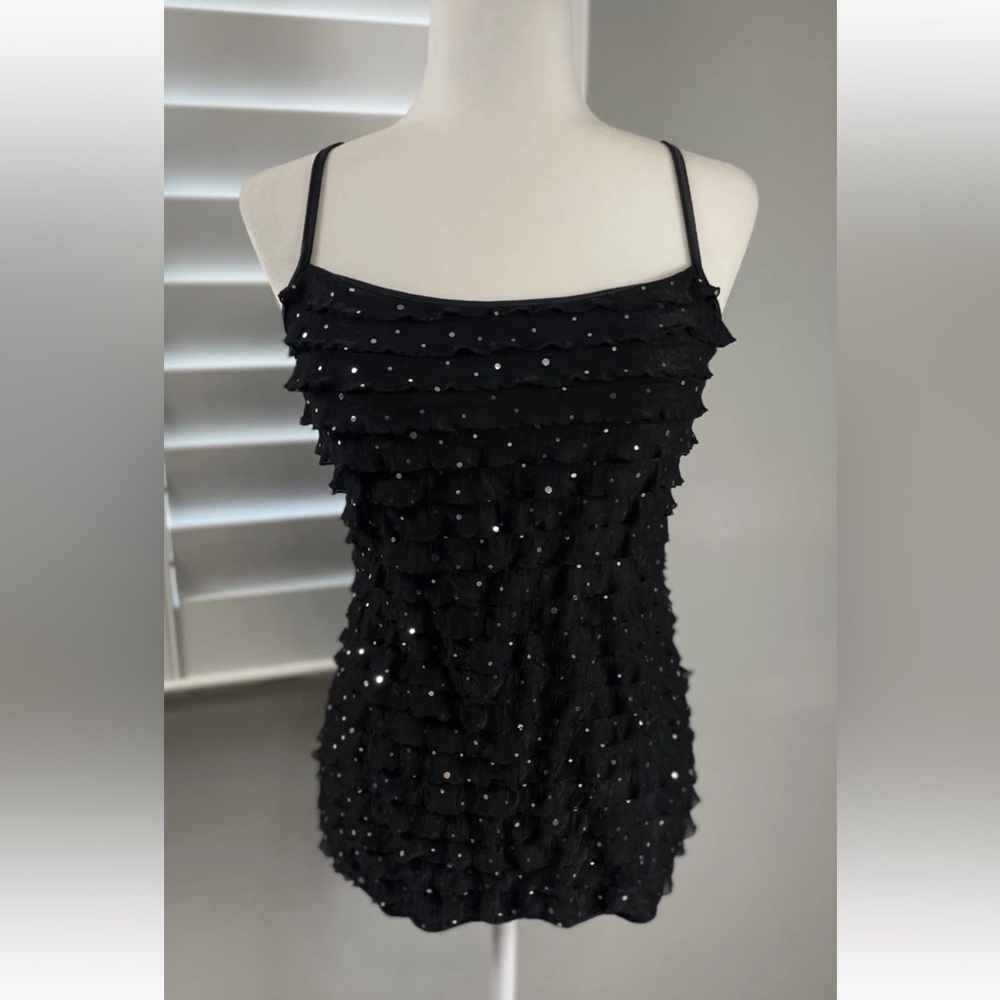Charlotte Russe Y2K L Juniors Black Beaded Sequin Ruffle Tank Top Party Blouse